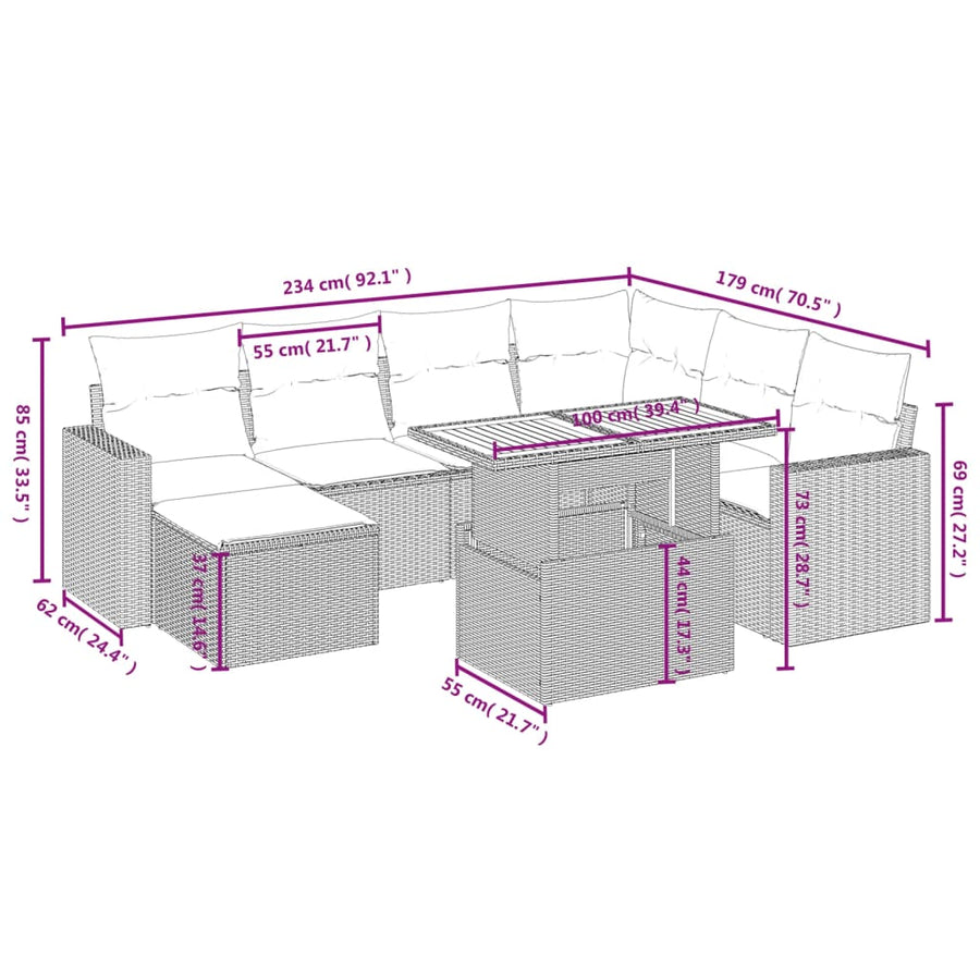 8-delige Loungeset met kussens poly rattan grijs