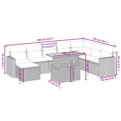 9-delige Loungeset met kussens poly rattan zwart