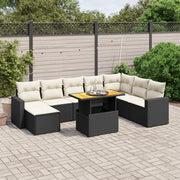 Loungeset 9-delig poly rattan zwart met kussens acacia tafel