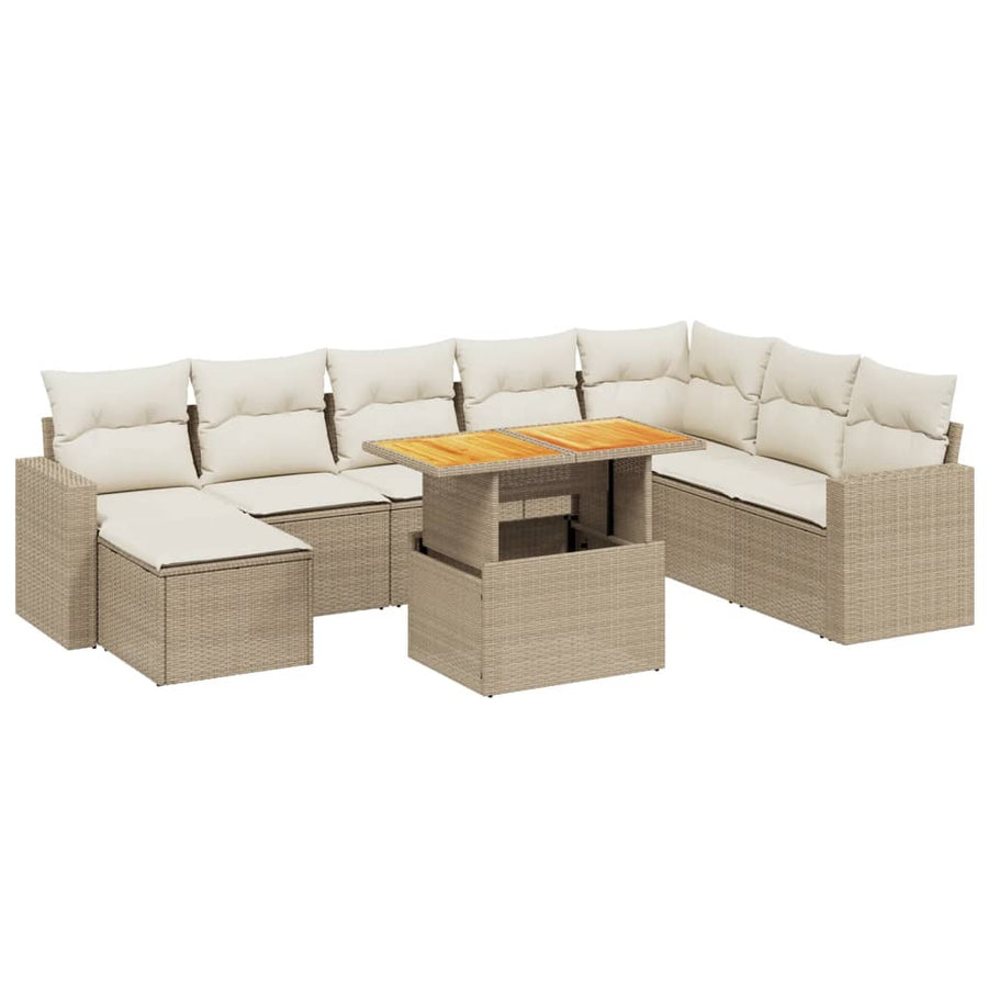 9-delige Loungeset met kussens poly rattan beige