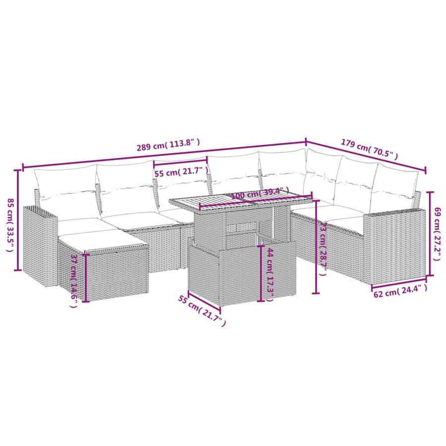 9-delige Loungeset met kussens poly rattan beige