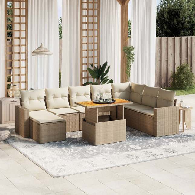 9-delige Loungeset met kussens poly rattan beige