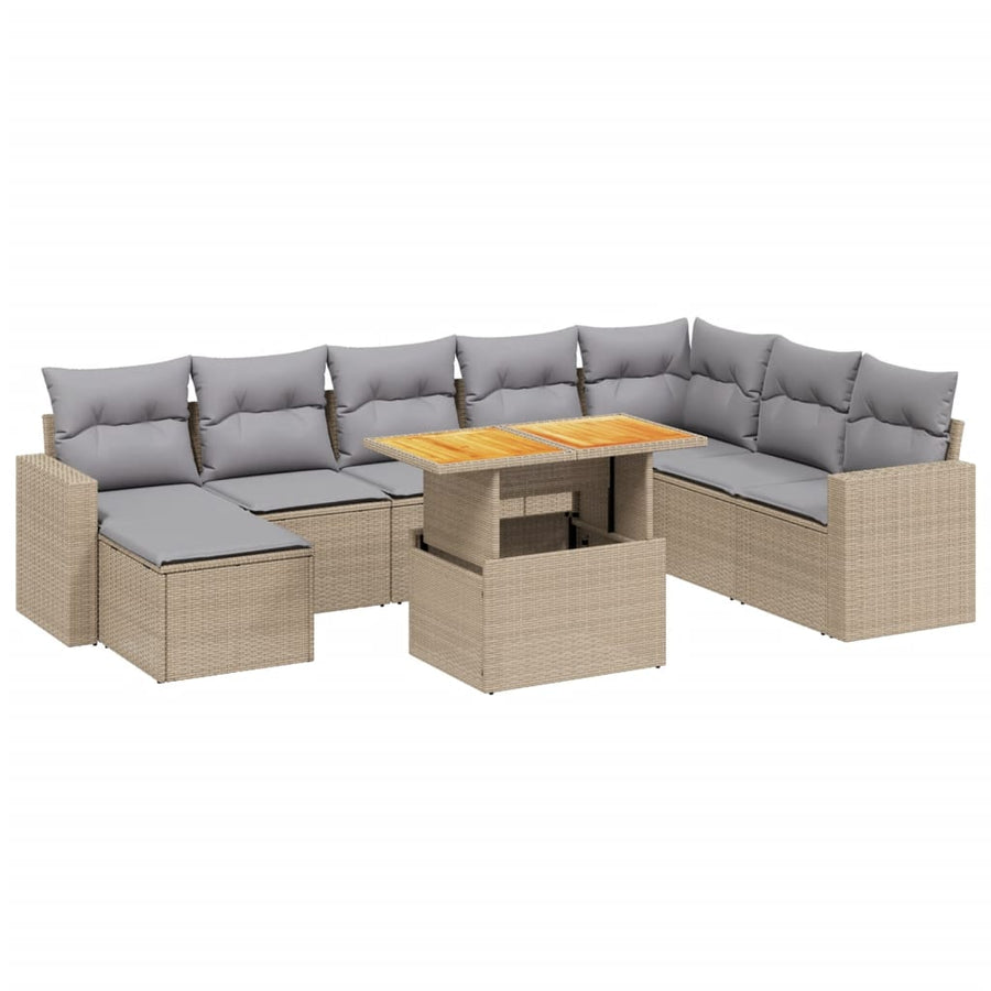 9-delige Loungeset met kussens poly rattan beige