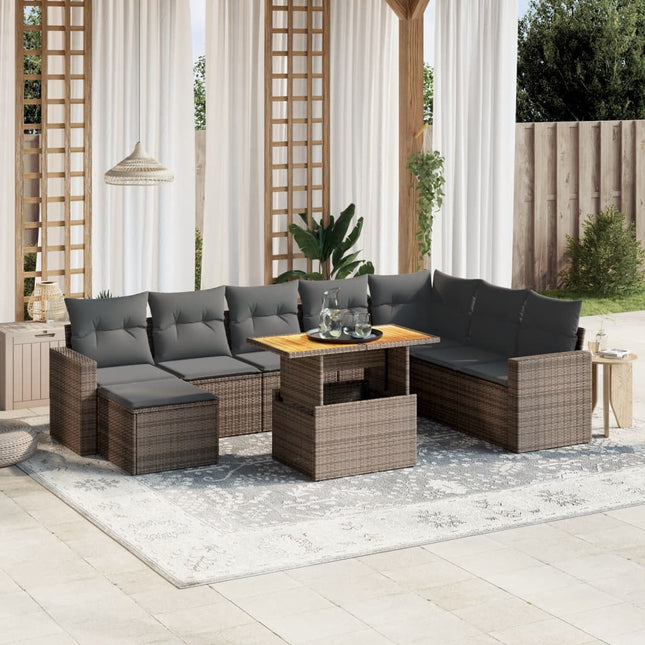 9-delige Loungeset met kussens poly rattan grijs