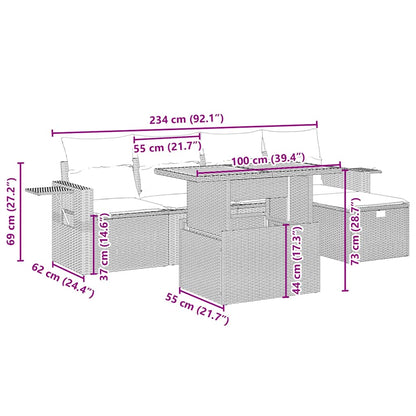 6-delige Loungeset met kussens poly rattan beige