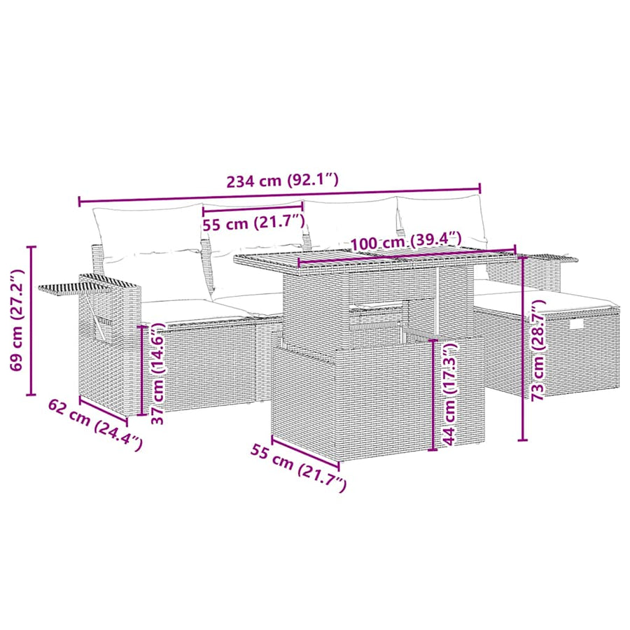 6-delige Loungeset met kussens poly rattan beige