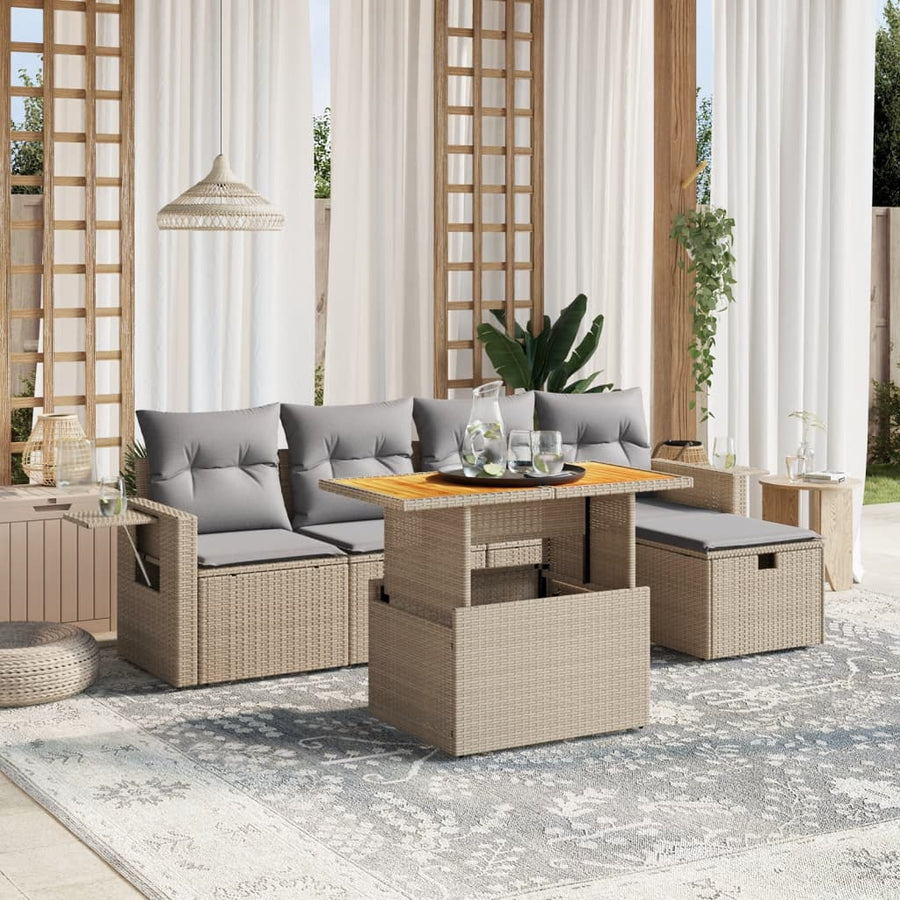 6-delige Loungeset met kussens poly rattan beige