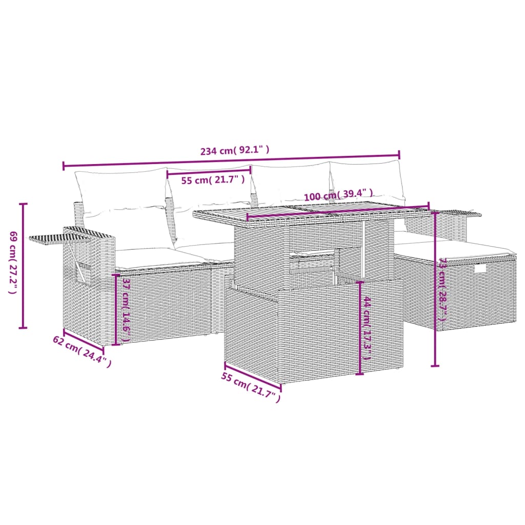 6-delige Loungeset met kussens poly rattan grijs