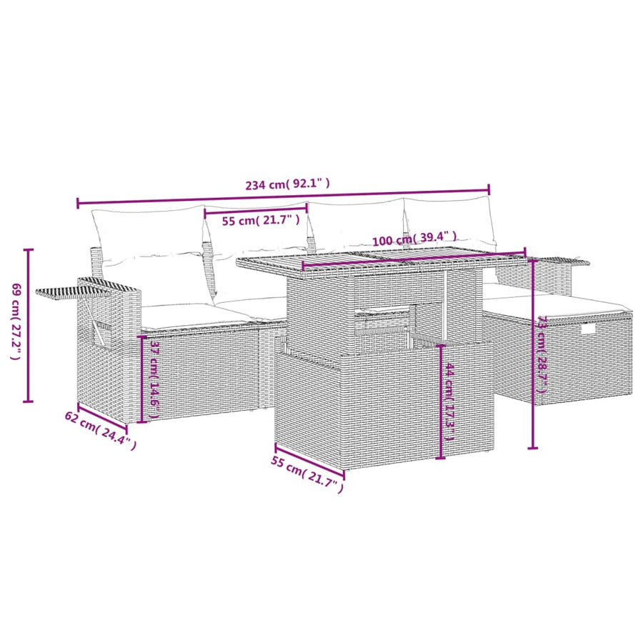 6-delige Loungeset met kussens poly rattan grijs