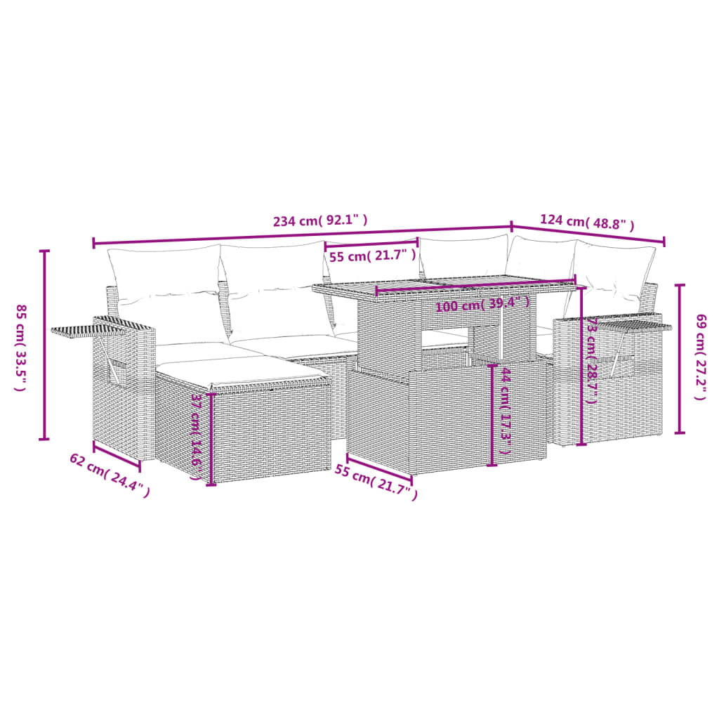 7-delige Loungeset met kussens poly rattan zwart