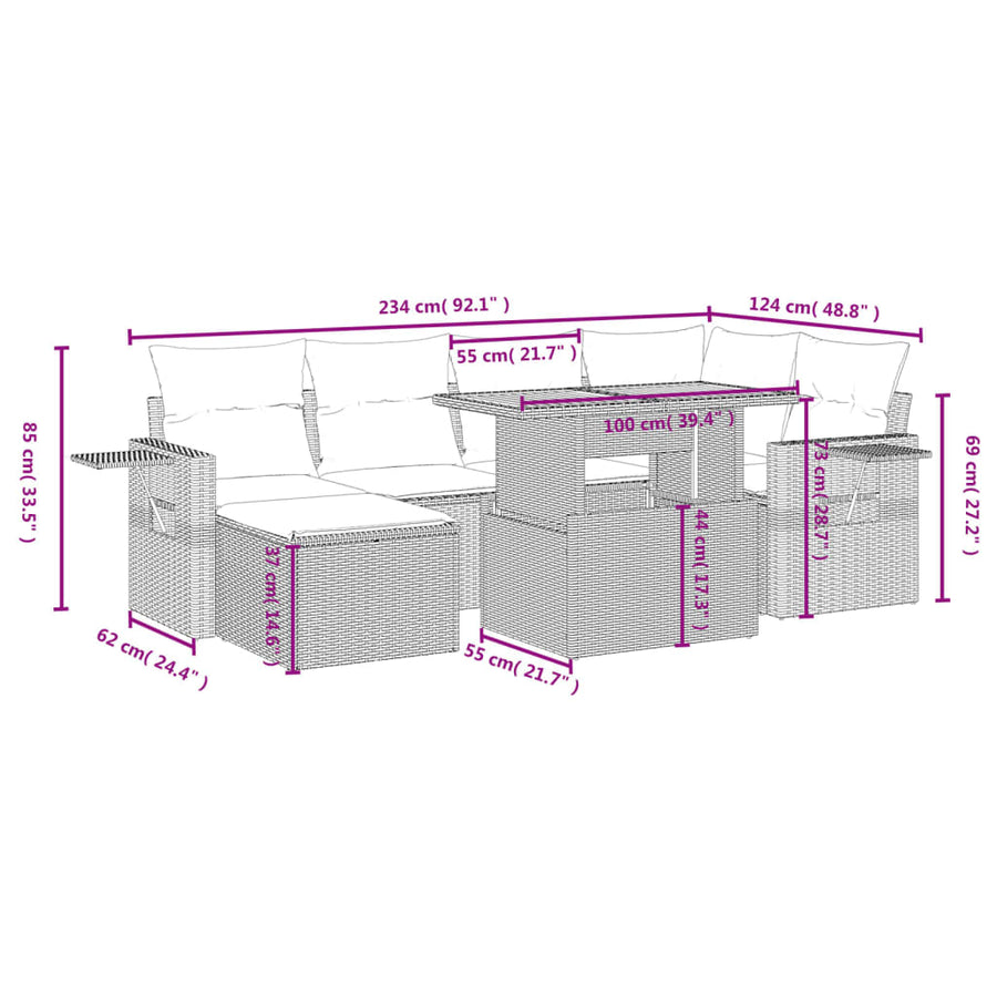 7-delige Loungeset met kussens poly rattan zwart