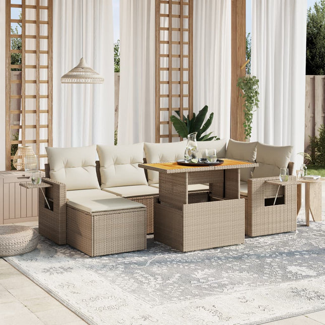 7-delige Loungeset met kussens poly rattan beige