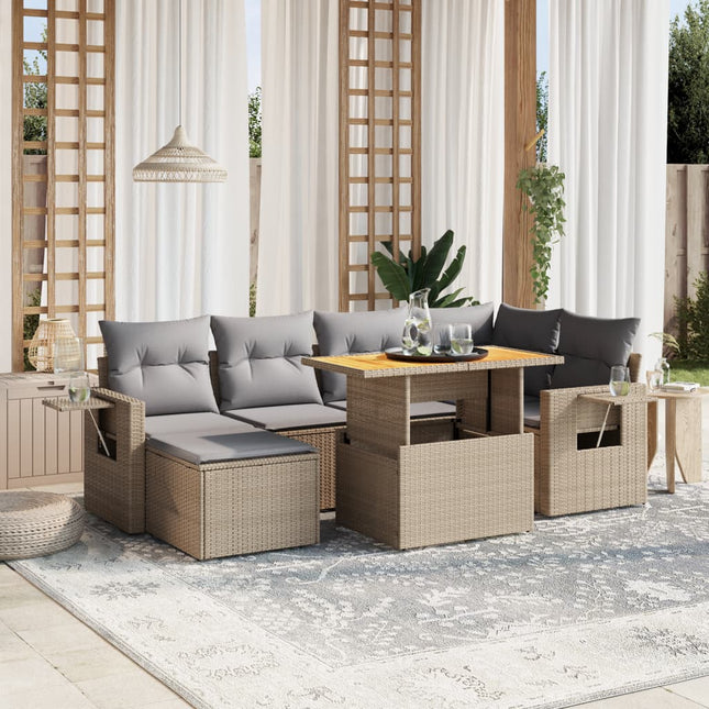 7-delige Loungeset met kussens poly rattan beige