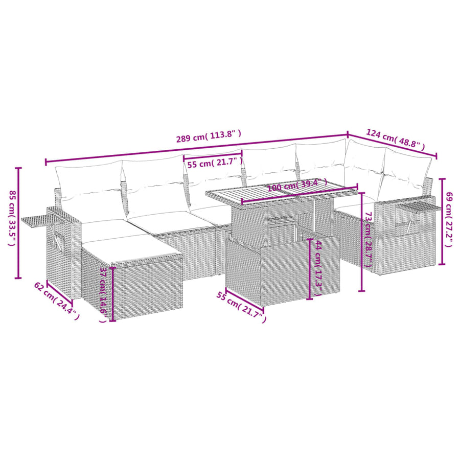 8-delige Loungeset met kussens poly rattan grijs