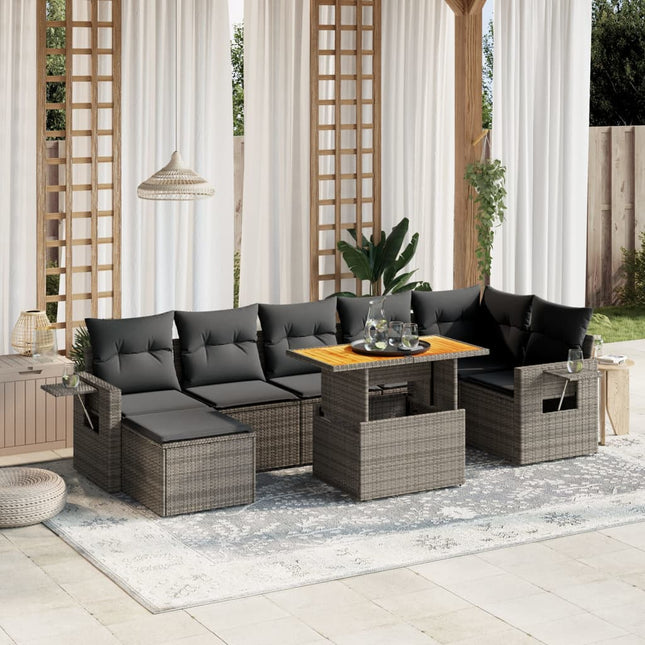 8-delige Loungeset met kussens poly rattan grijs