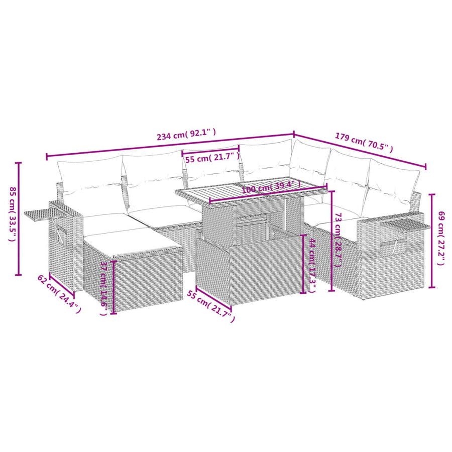 8-delige Loungeset met kussens poly rattan grijs