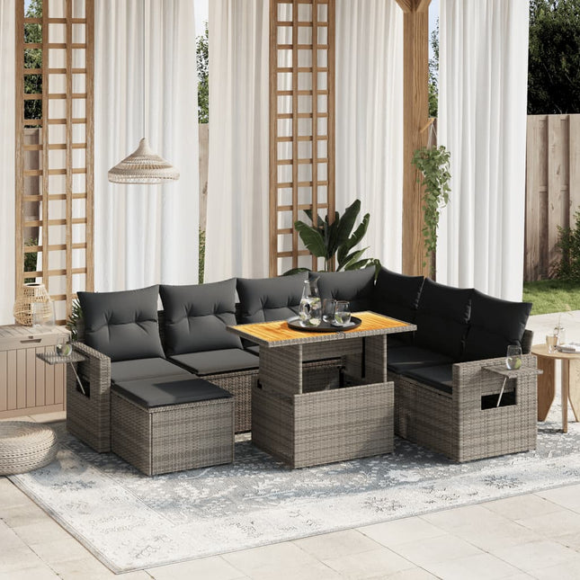 8-delige Loungeset met kussens poly rattan grijs