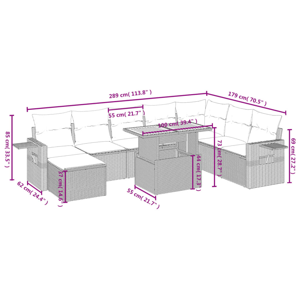 9-delige Loungeset met kussens poly rattan zwart