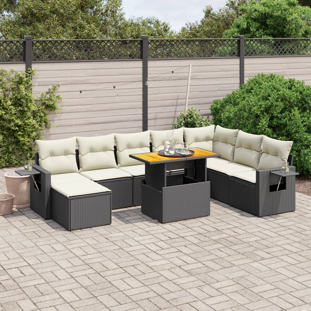 9-delige Loungeset met kussens poly rattan zwart