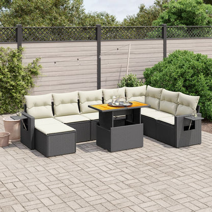 9-delige Loungeset met kussens poly rattan zwart