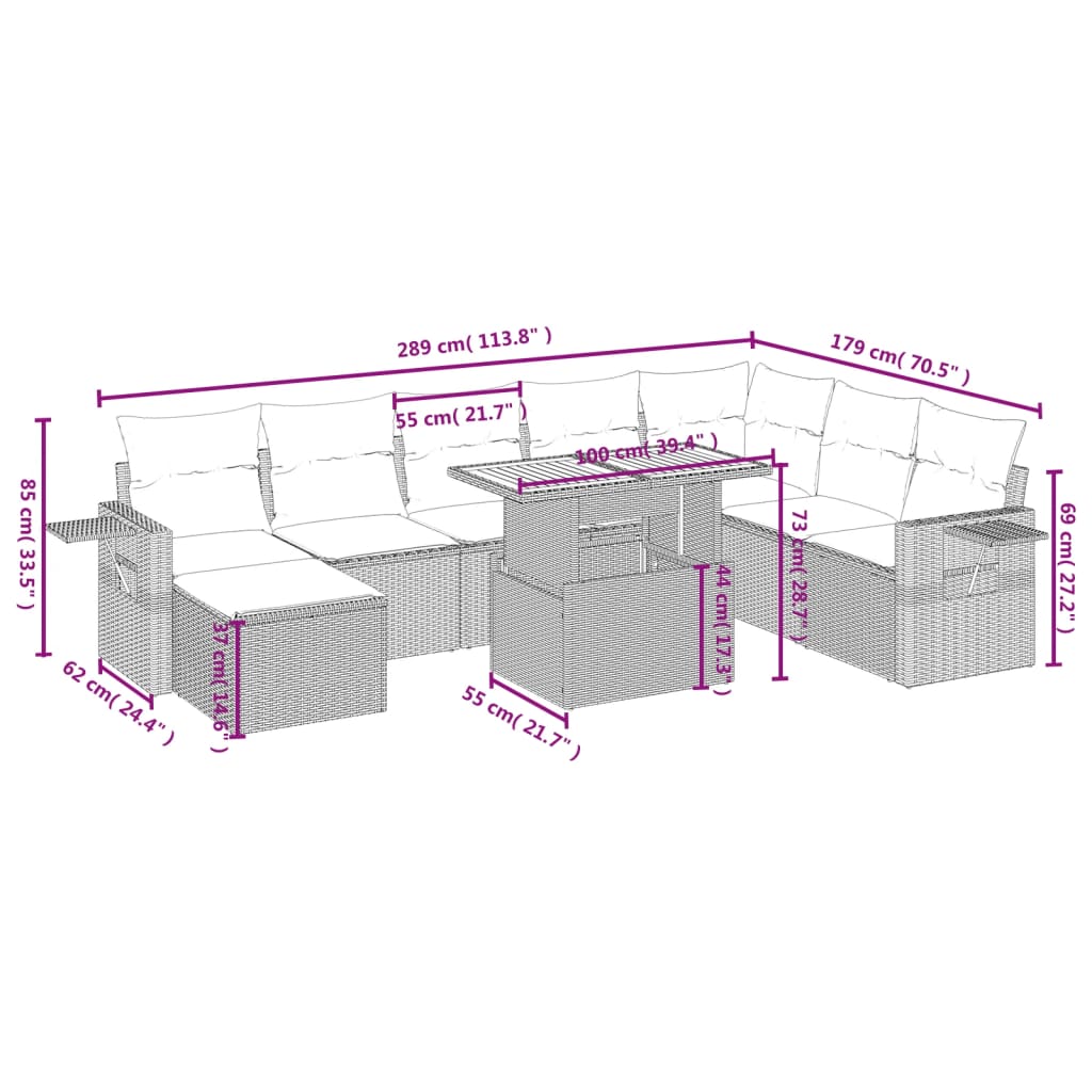 9-delige Loungeset met kussens poly rattan beige