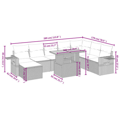 9-delige Loungeset met kussens poly rattan grijs