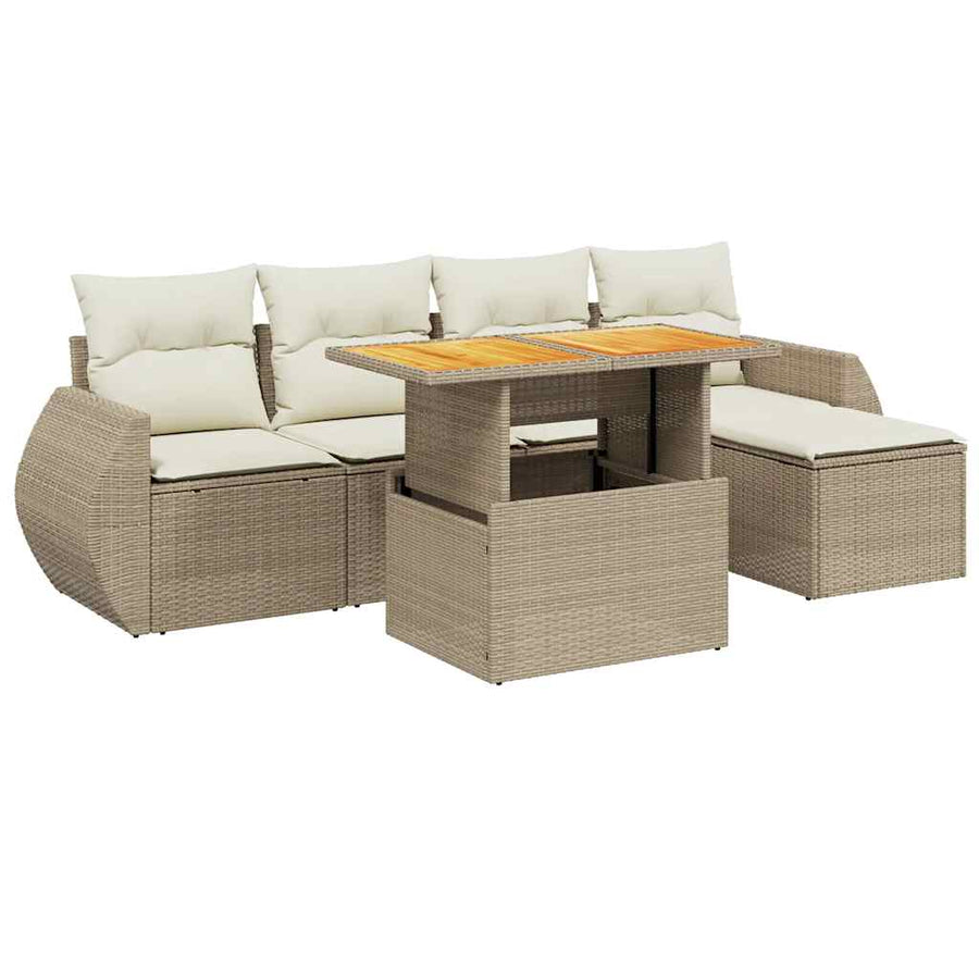 6-delige Loungeset met kussens poly rattan beige