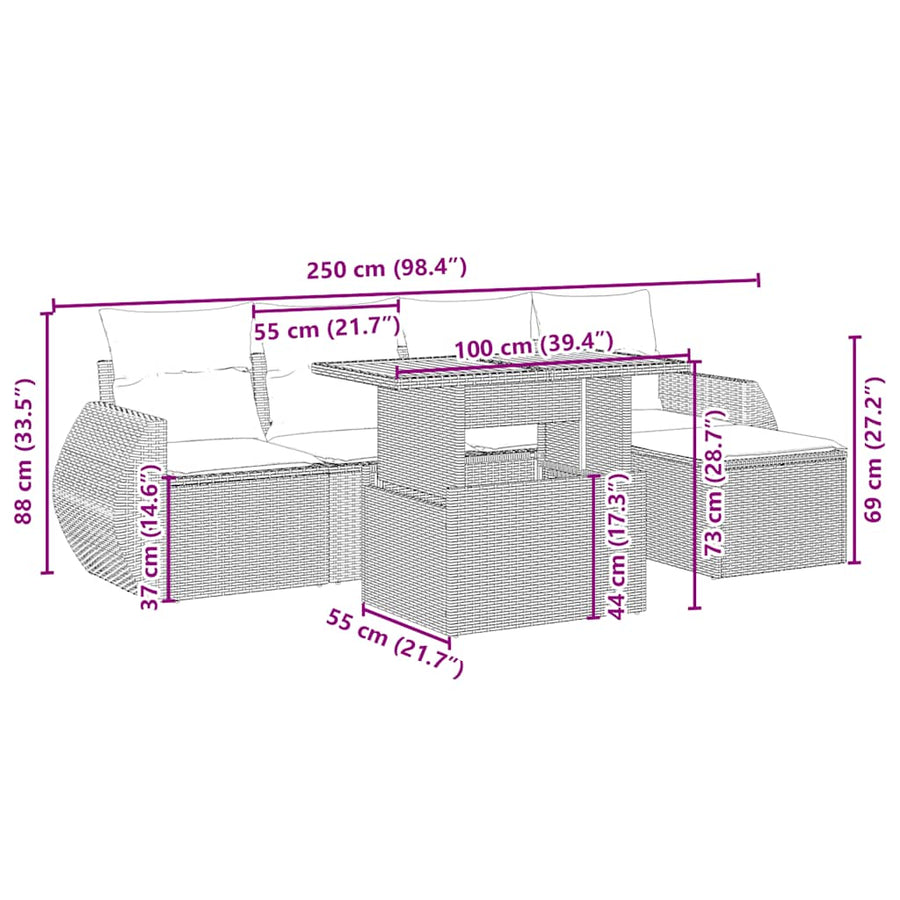 6-delige Loungeset met kussens poly rattan beige