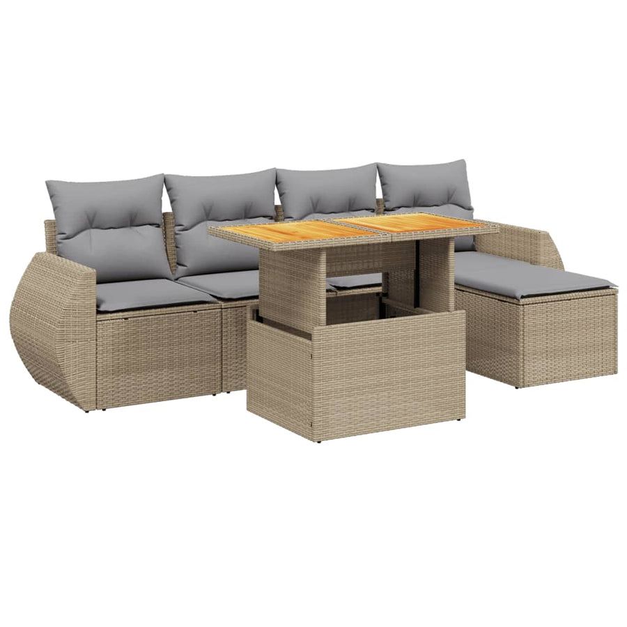6-delige Loungeset met kussens poly rattan beige