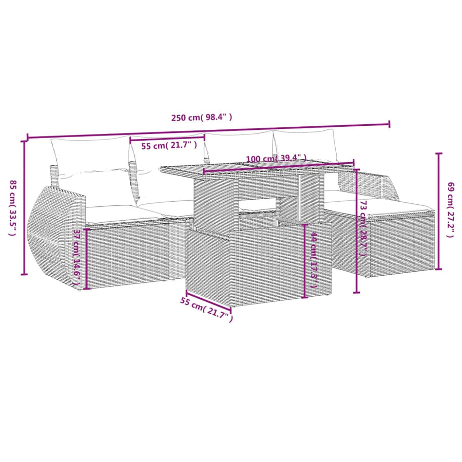 6-delige Loungeset met kussens poly rattan beige