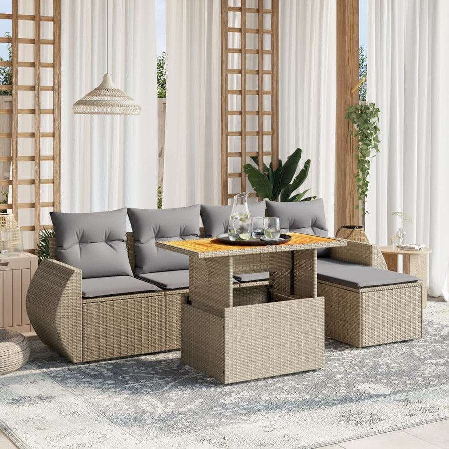 6-delige Loungeset met kussens poly rattan beige