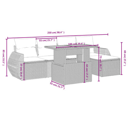6-delige Loungeset met kussens poly rattan grijs