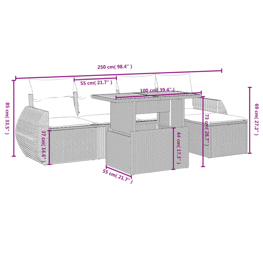 6-delige Loungeset met kussens poly rattan grijs