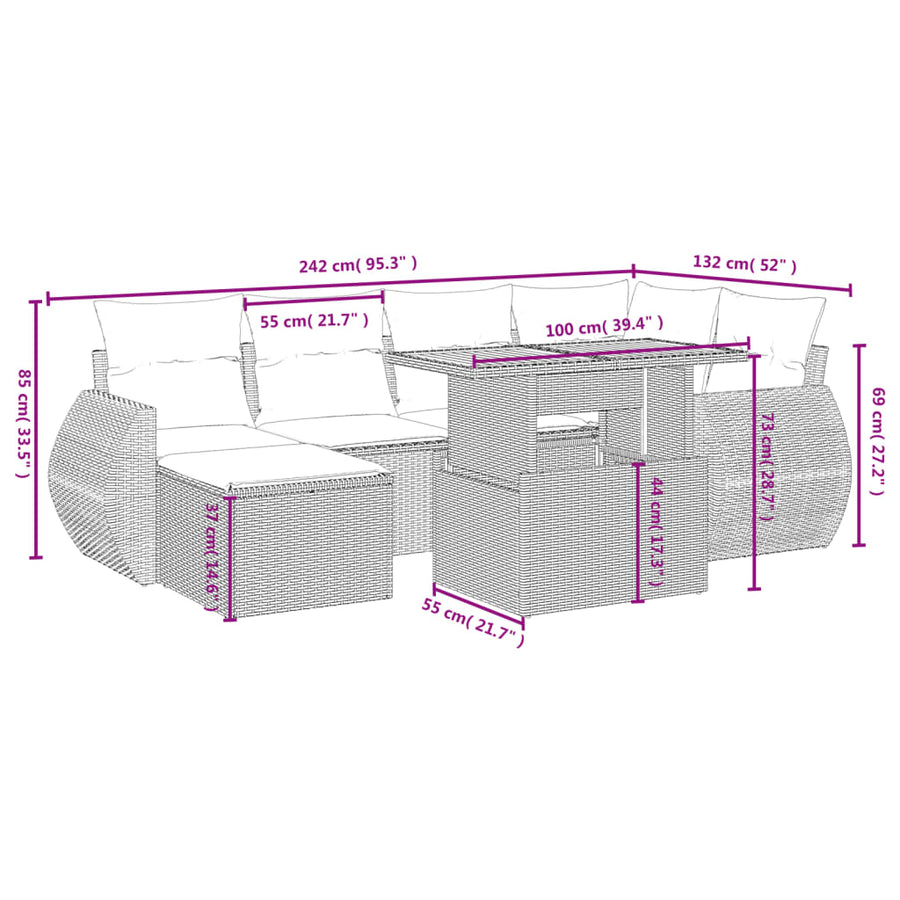 7-delige Loungeset met kussens poly rattan zwart