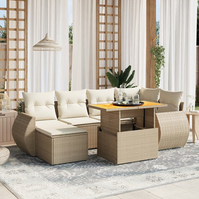 7-delige Loungeset met kussens poly rattan beige