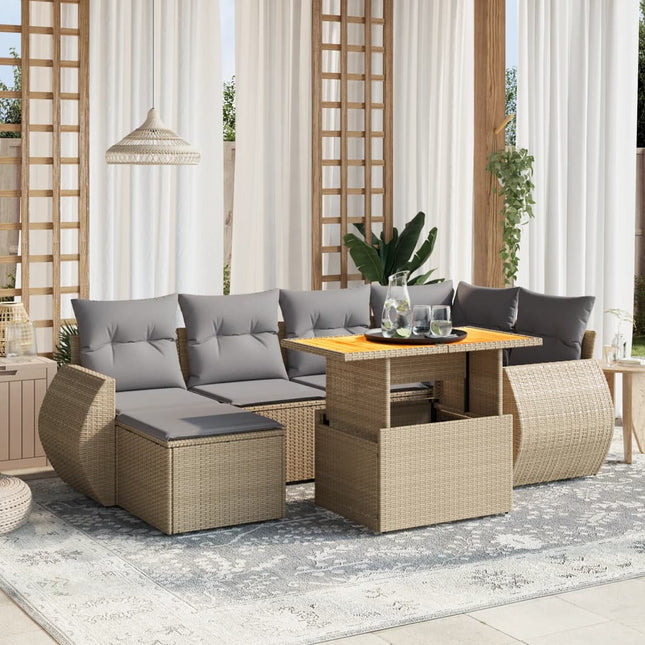 7-delige Loungeset met kussens poly rattan beige