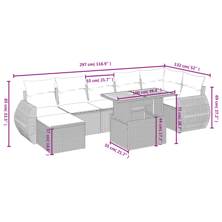 8-delige Loungeset met kussens poly rattan grijs