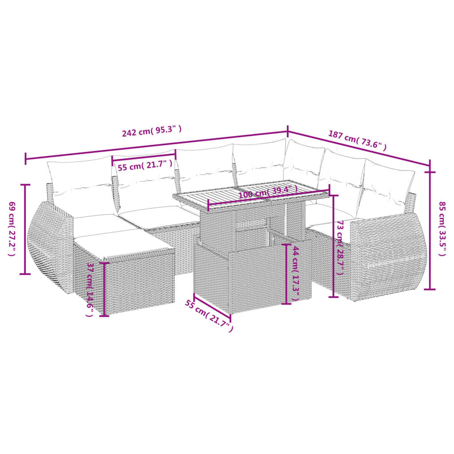 8-delige Loungeset met kussens poly rattan beige