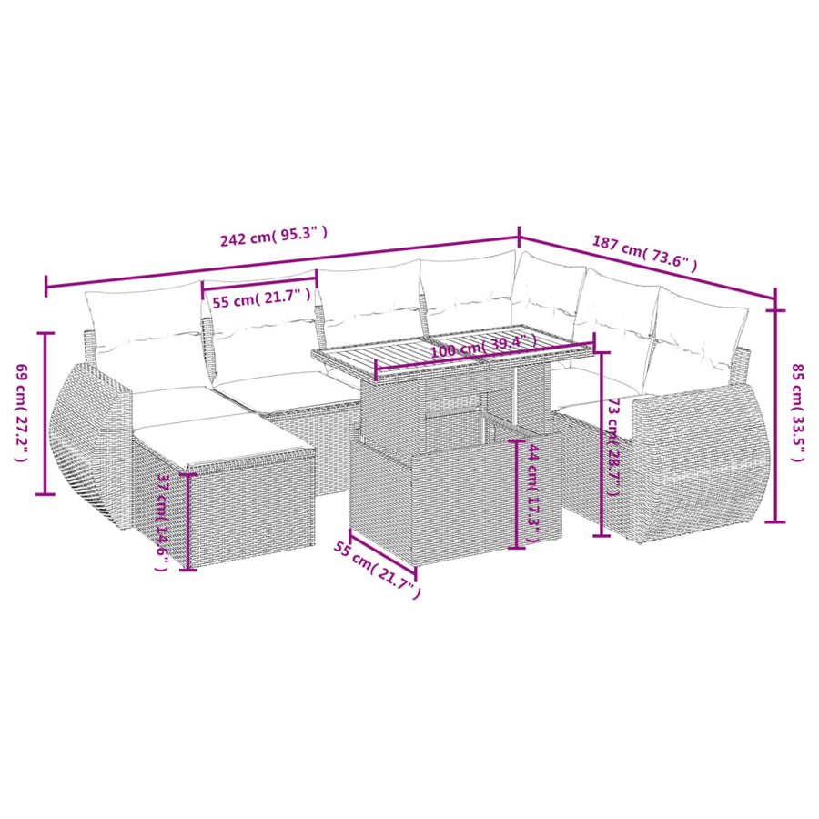 8-delige Loungeset met kussens poly rattan grijs