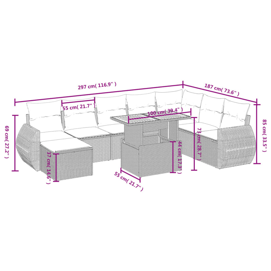 9-delige Loungeset met kussens poly rattan zwart