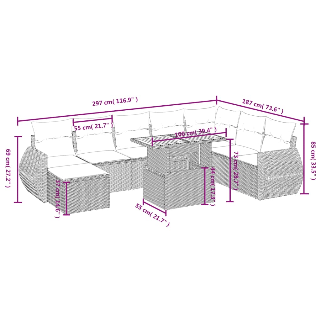9-delige Loungeset met kussens poly rattan beige