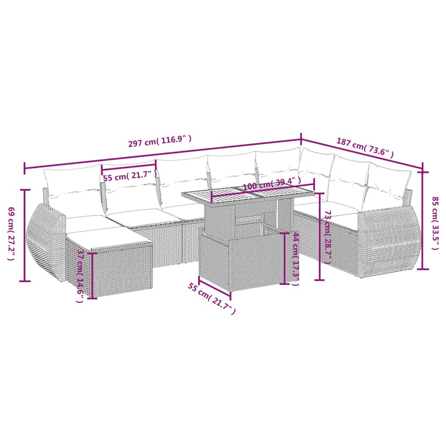 9-delige Loungeset met kussens poly rattan beige