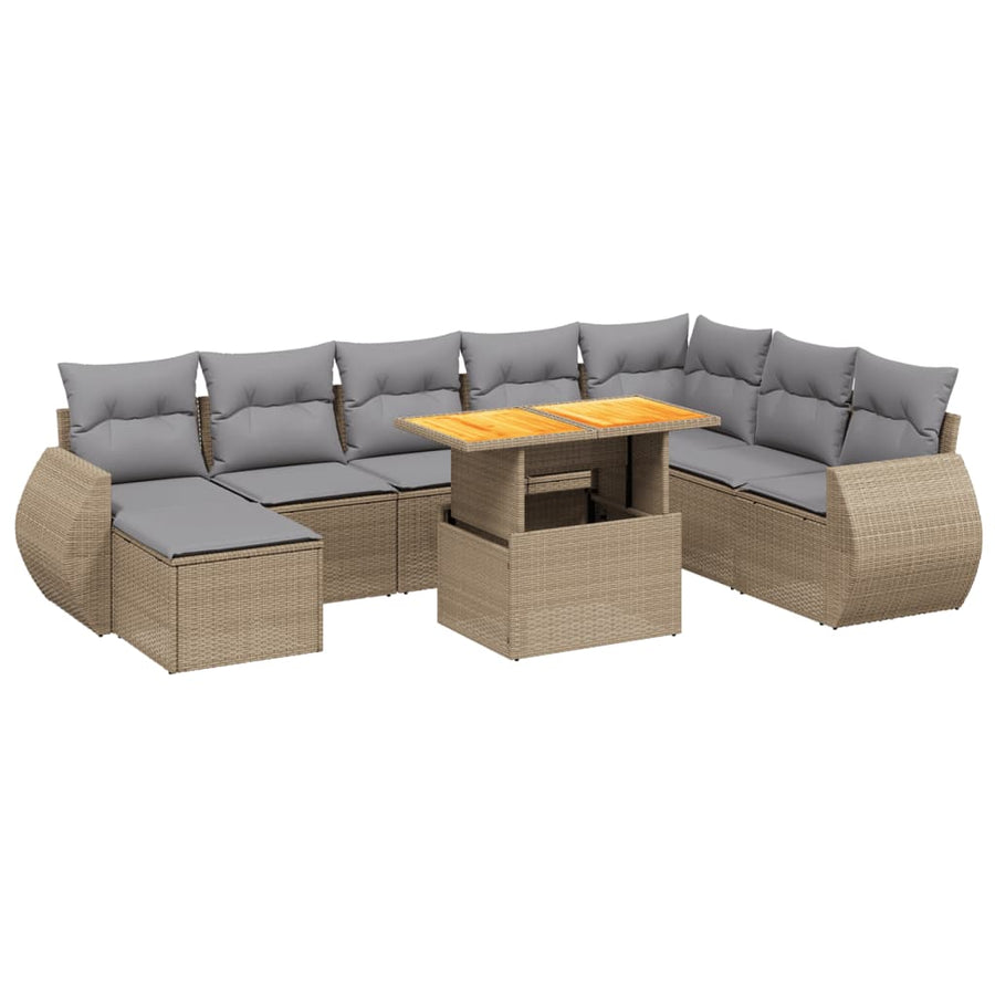 9-delige Loungeset met kussens poly rattan beige