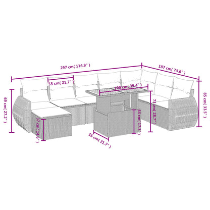 9-delige Loungeset met kussens poly rattan grijs