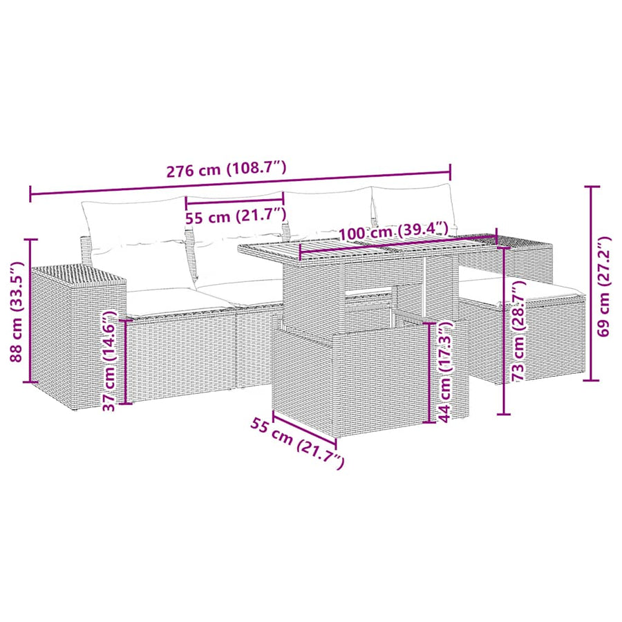 6-delige Loungeset met kussens poly rattan beige