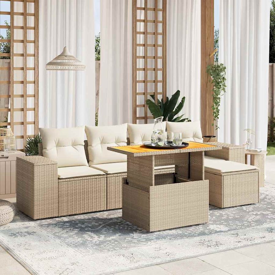 6-delige Loungeset met kussens poly rattan beige