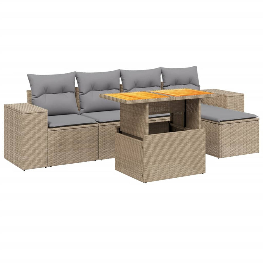 6-delige Loungeset met kussens poly rattan beige