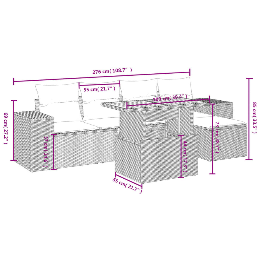 6-delige Loungeset met kussens poly rattan beige