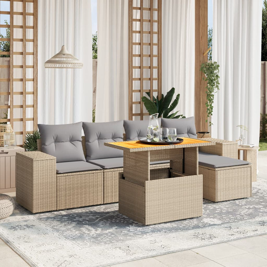 6-delige Loungeset met kussens poly rattan beige