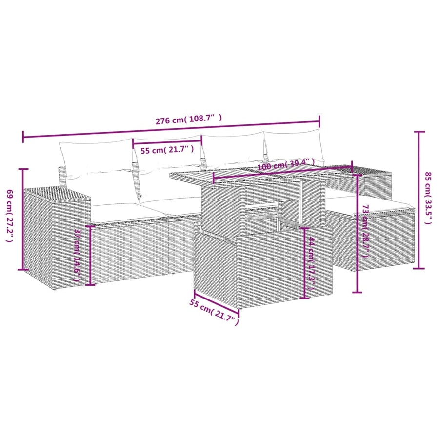 6-delige Loungeset met kussens poly rattan grijs